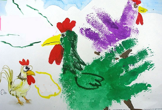 幼兒園大班美術教案：用手掌來畫公雞